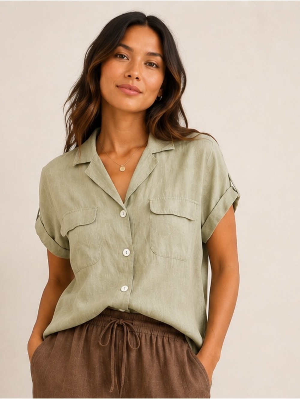 Tahari Light Sage Short-Sleeve Button-Down Shirt